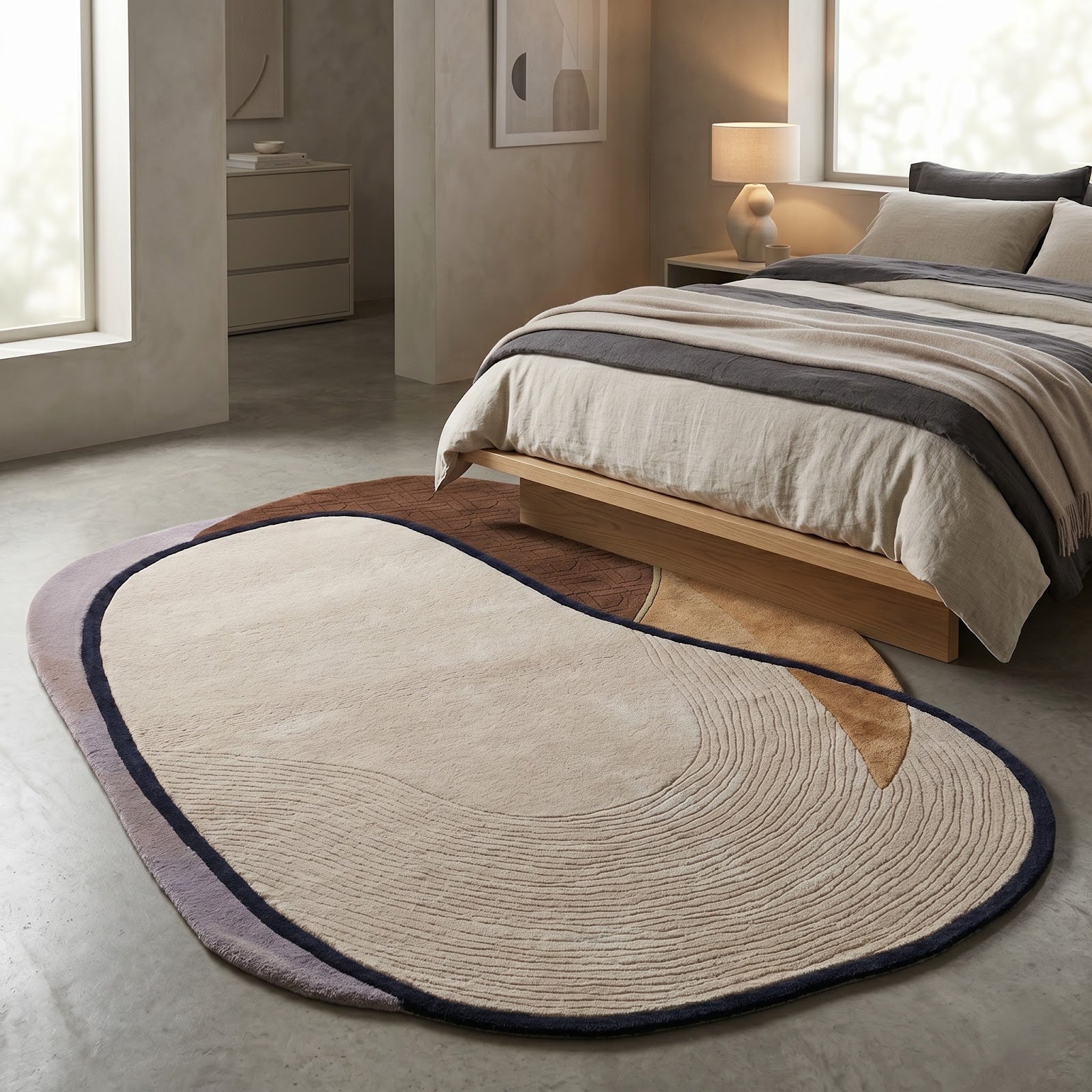 Organic Pebble Shape Hand Tufted Wool Rug | Ivory & Earth Tone Sculptural Area Rug — 2x3 ft'