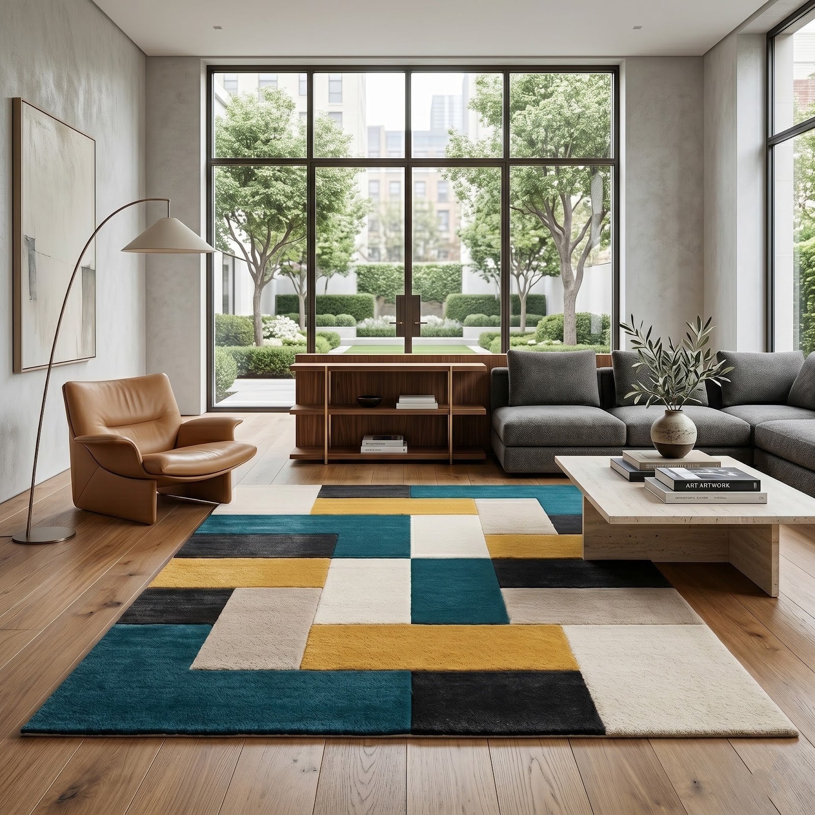 Modern Geometric Hand Tufted Wool Rug | Teal Mustard Abstract Area Rug — 2x3 ft'