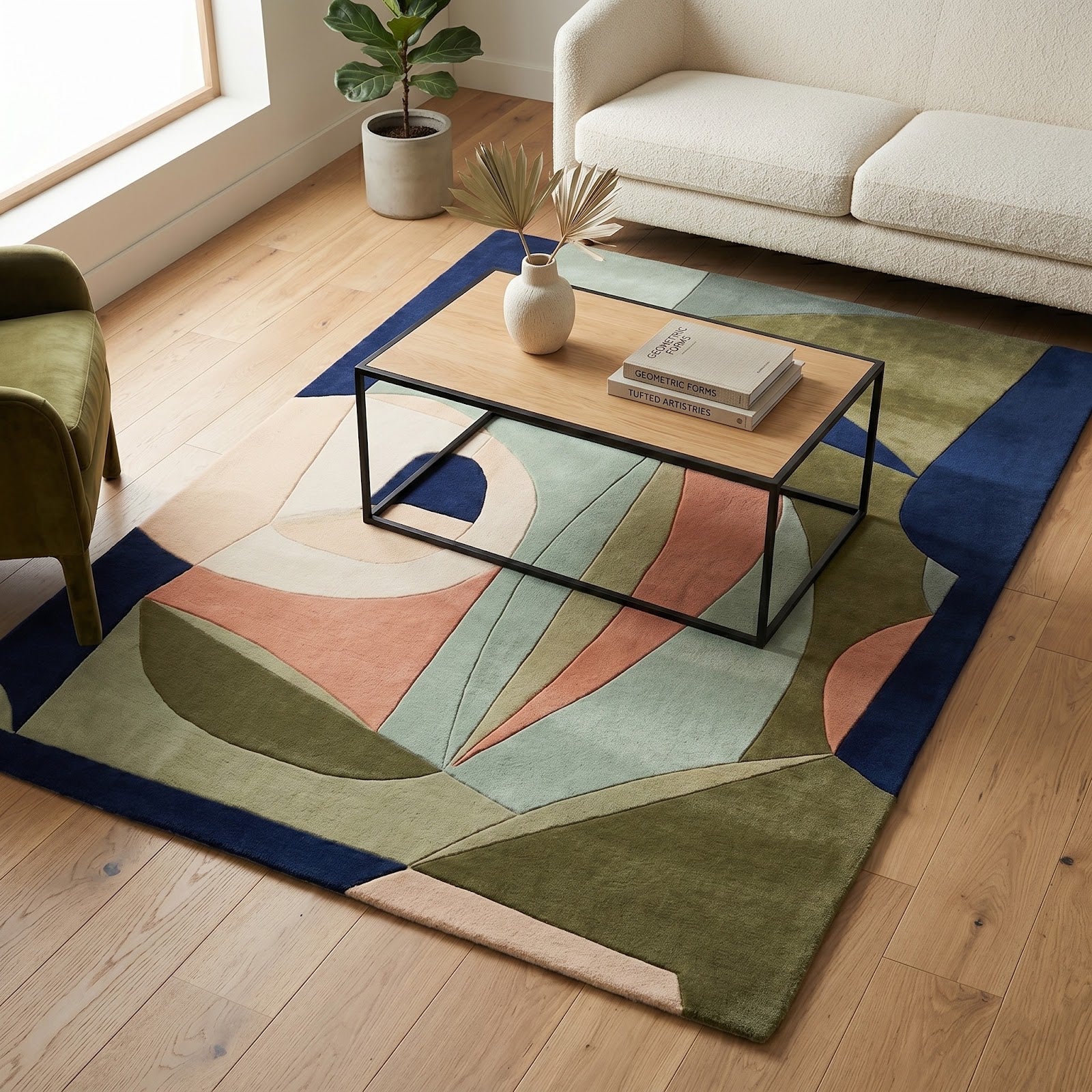 Modern Abstract Cubist Hand Tufted Wool Rug | Sage Green, Olive & Navy Geometric Art Area Rug — 2x3 ft'