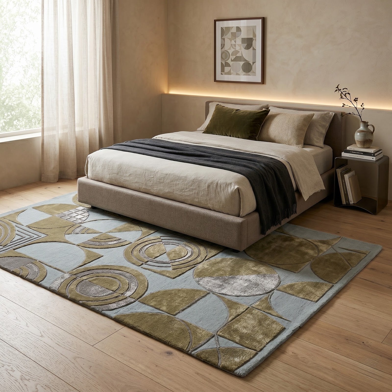 Modern Geometric Circles Hand Tufted Wool Rug | Sage Green & Mist Blue Abstract Area Rug — 2x3 ft'