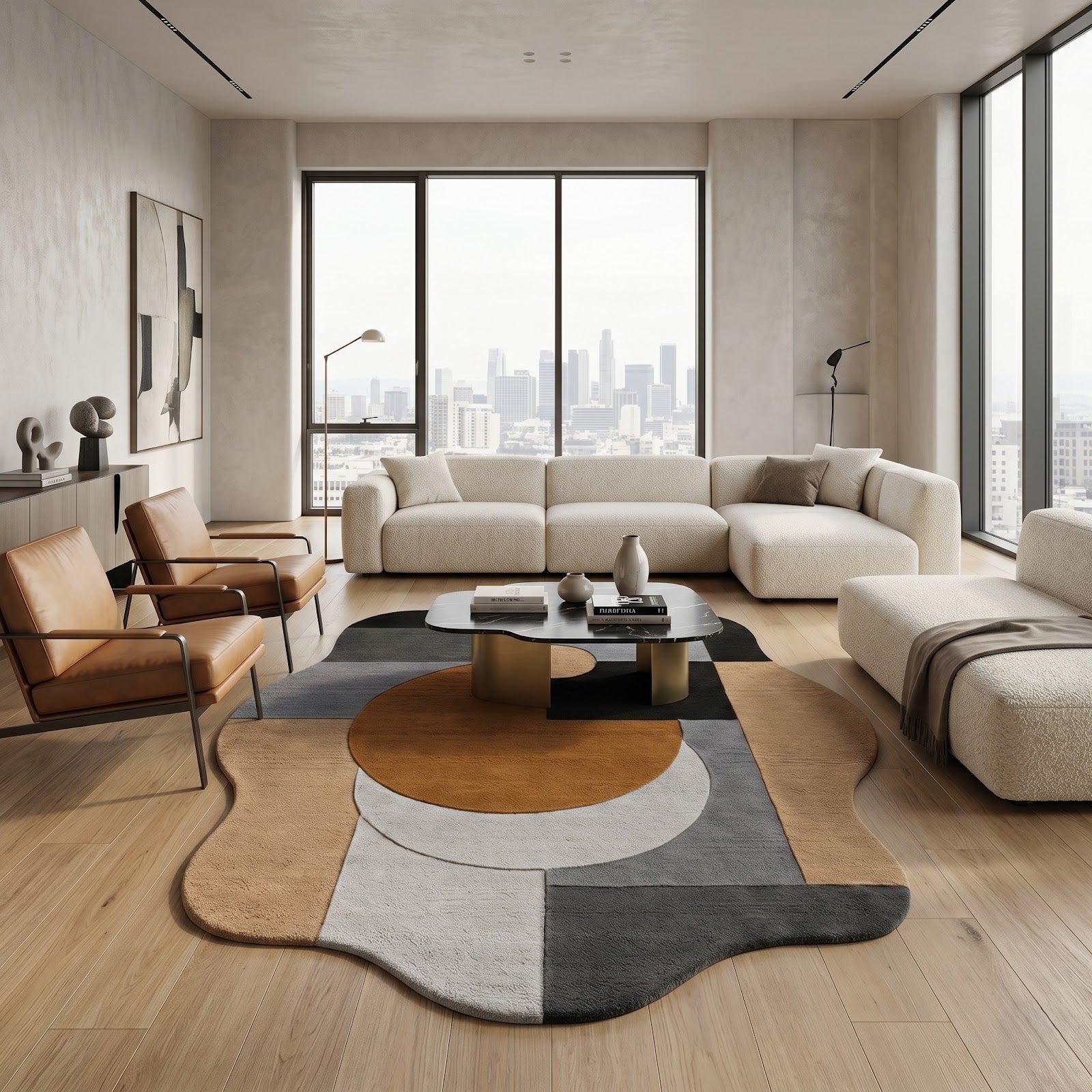 Irregular Geometric Hand Tufted Wool Rug | Modern Abstract Area Rug in Camel, Black, Grey & Ivory — 2x3 ft'