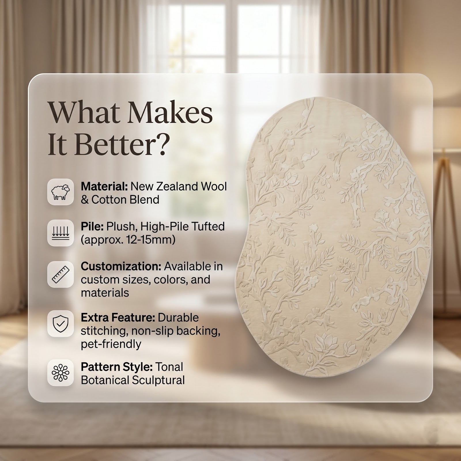 Oval Botanical Hand Tufted Wool Rug | Ivory Floral Vine Area Rug with Carved Texture — 2x3 ft'