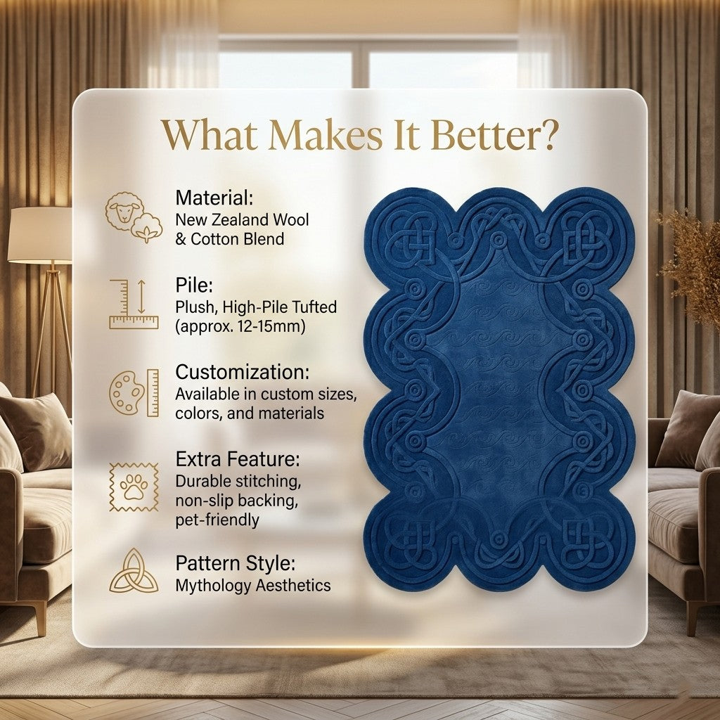 Celtic Knot Irregular Hand Tufted Wool Rug | Navy Blue Heritage Pattern Statement Area Rug — 2x3 ft'
