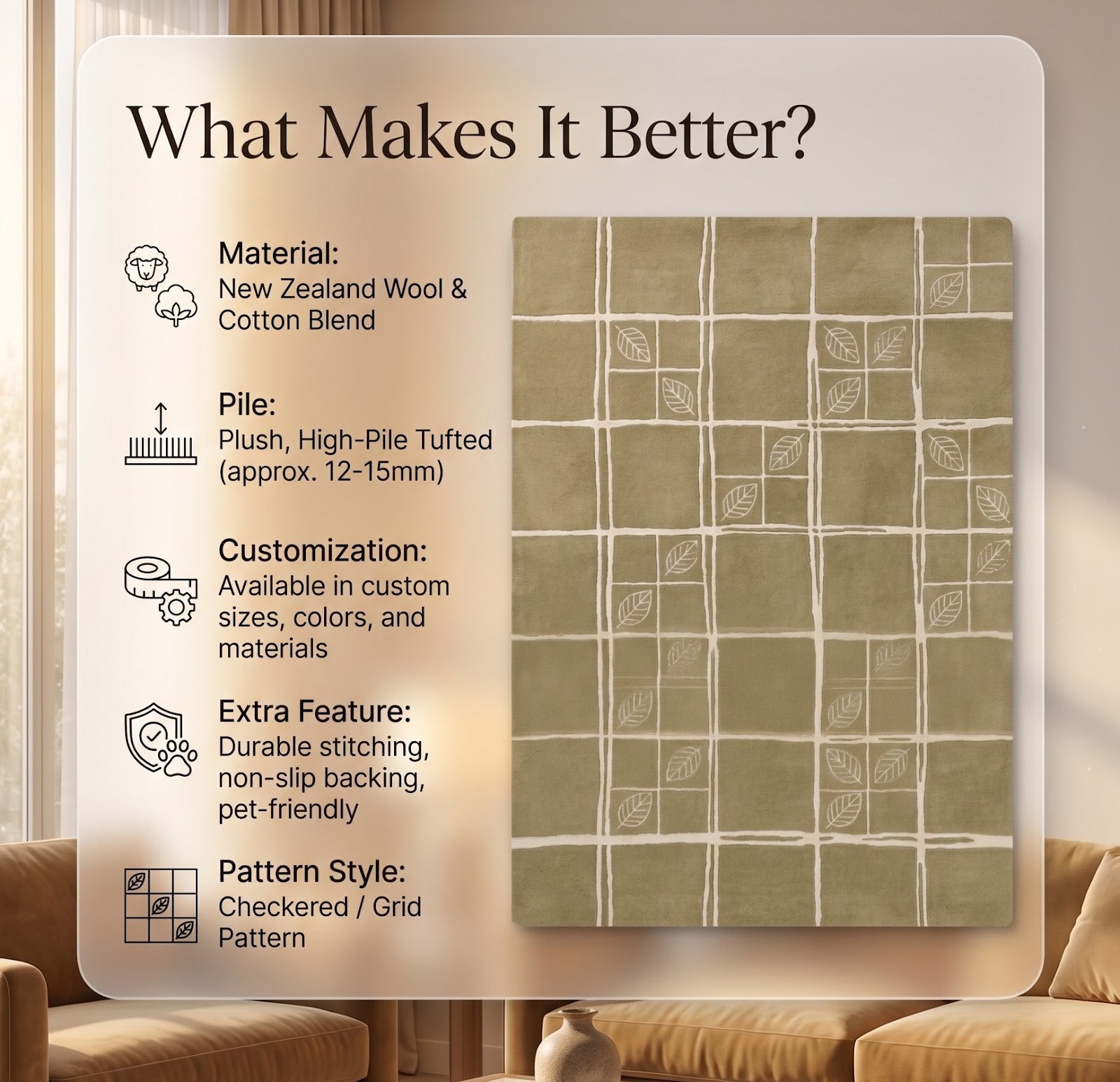 Nature Grid Hand Tufted Wool Rug | Sage Green & Ivory Botanical Geometric Area Rug — 2x3 ft'