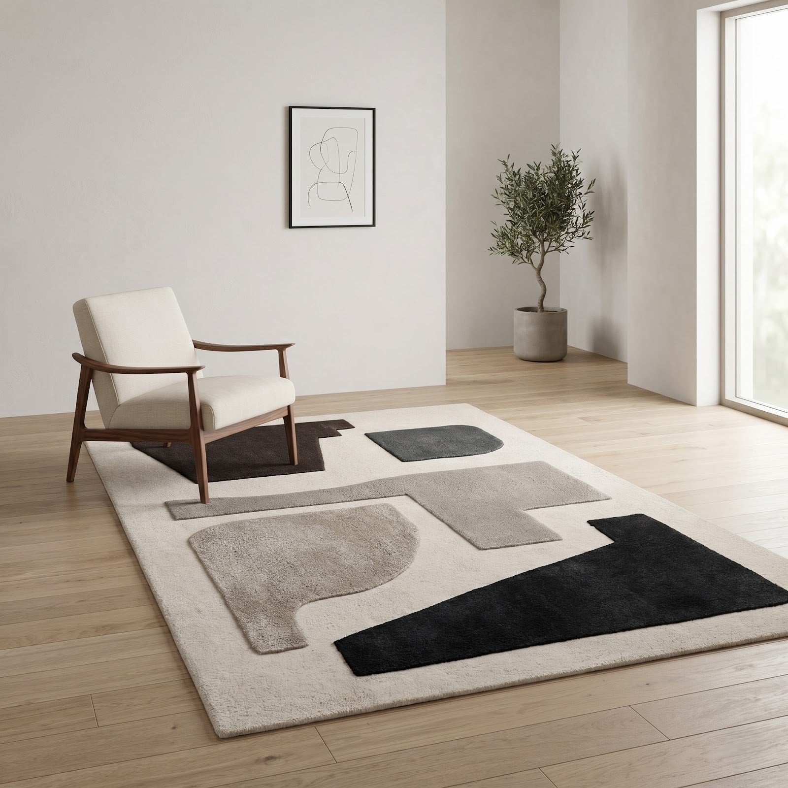 Modern Bauhaus Hand Tufted Wool Rug | Ivory, Charcoal & Taupe Geometric Abstract Area Rug — 2x3 ft'