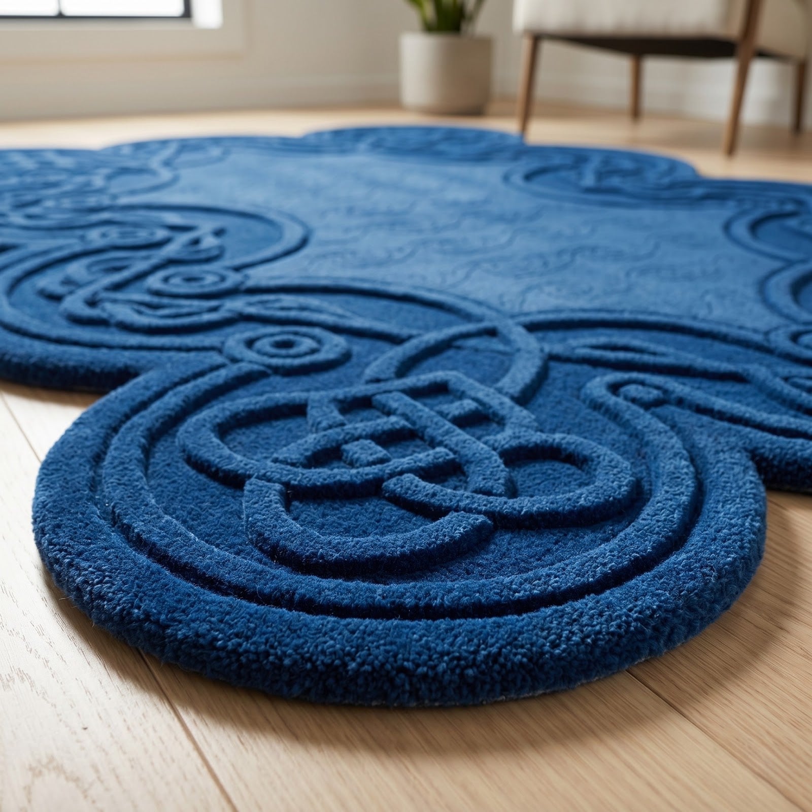 Celtic Knot Irregular Hand Tufted Wool Rug | Navy Blue Heritage Pattern Statement Area Rug — 2x3 ft'