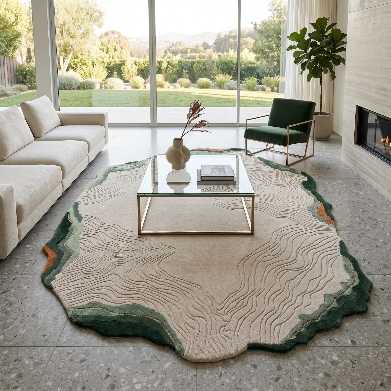Organic Contour Hand Tufted Wool Rug | Irregular Topographic Area Rug in Ivory Green & Terracotta — 2x3 ft'