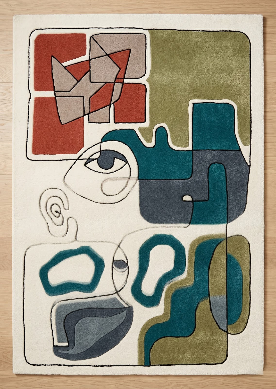 Abstract Face Line Art Hand Tufted Wool Rug | Modern Cubist Geometric Area Rug — 2x3 ft'