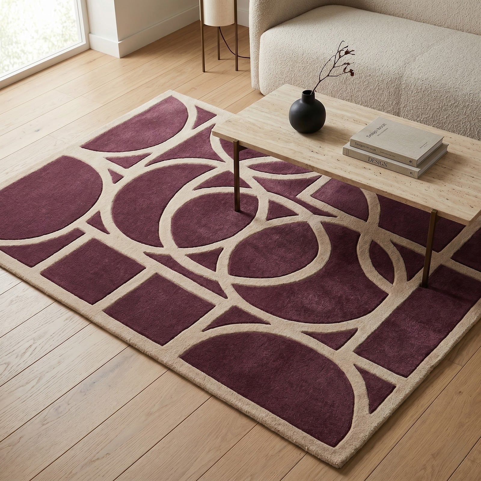 Art Deco Geometric Hand Tufted Wool Rug | Plum Purple & Ivory Contemporary Area Rug — 2x3 ft'