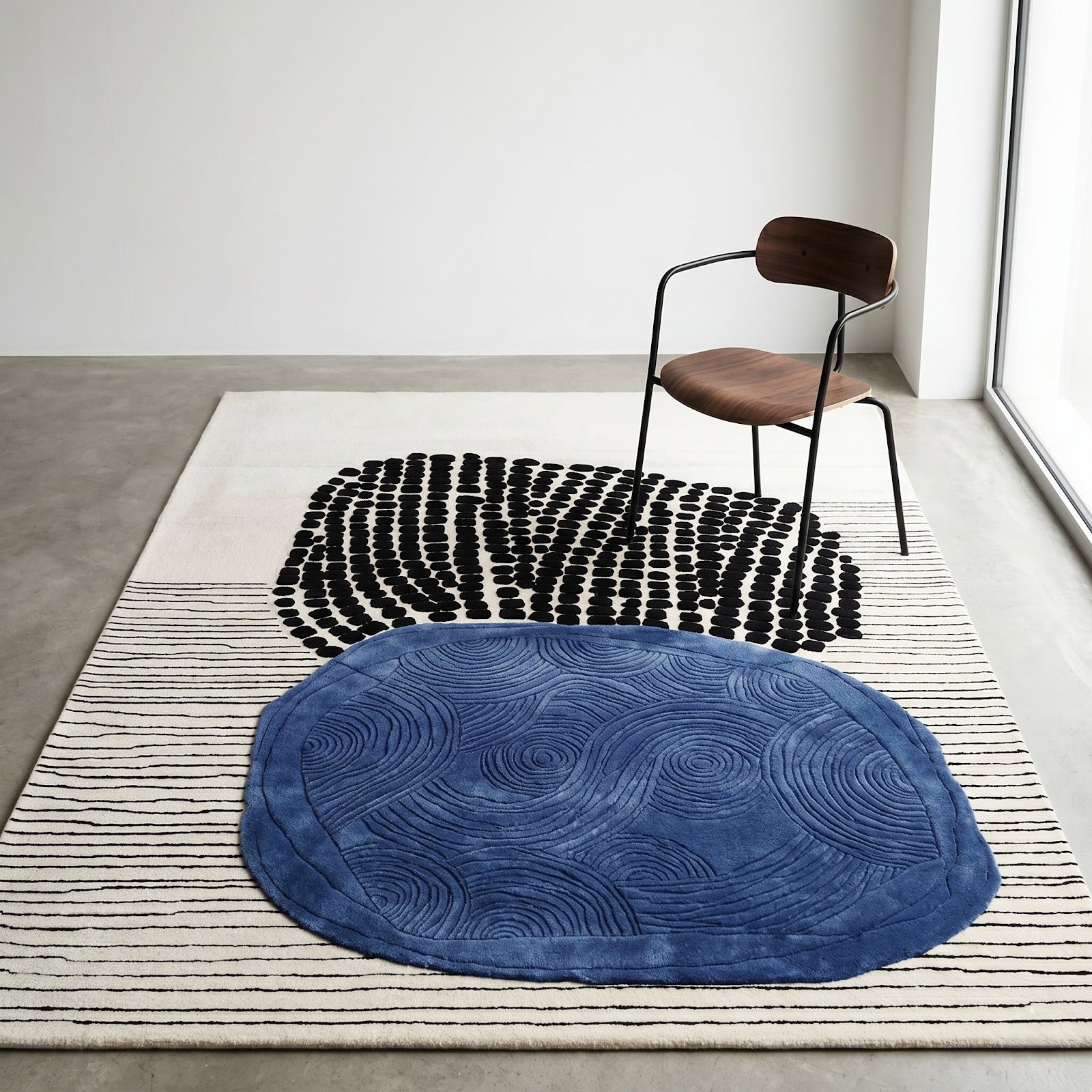 Abstract Modern Hand Tufted Wool & Viscose Rug | Ivory, Cobalt Blue & Black Artistic Statement Area Rug — 2x3 ft'