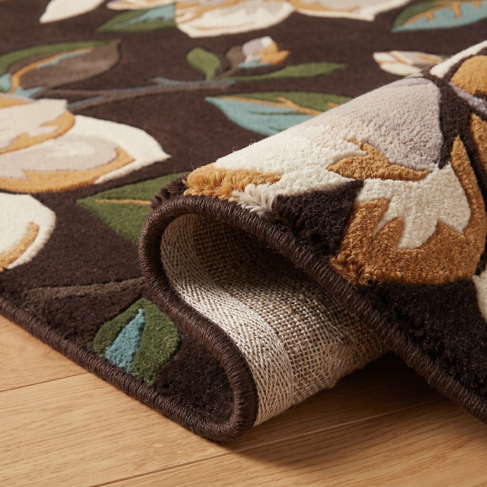 Magnolia Blossom Hand Tufted Wool Rug | Chocolate Brown Floral Botanical Area Rug — 2x3 ft'