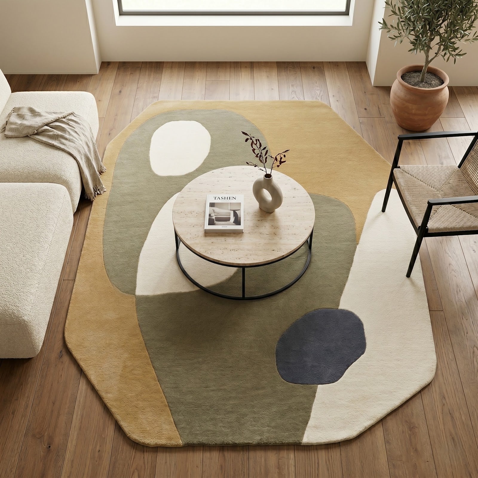 Biomorphic Abstract Hand Tufted Wool Rug | Camel, Sage Green & Ivory Organic Modern Area Rug — 2x3 ft'