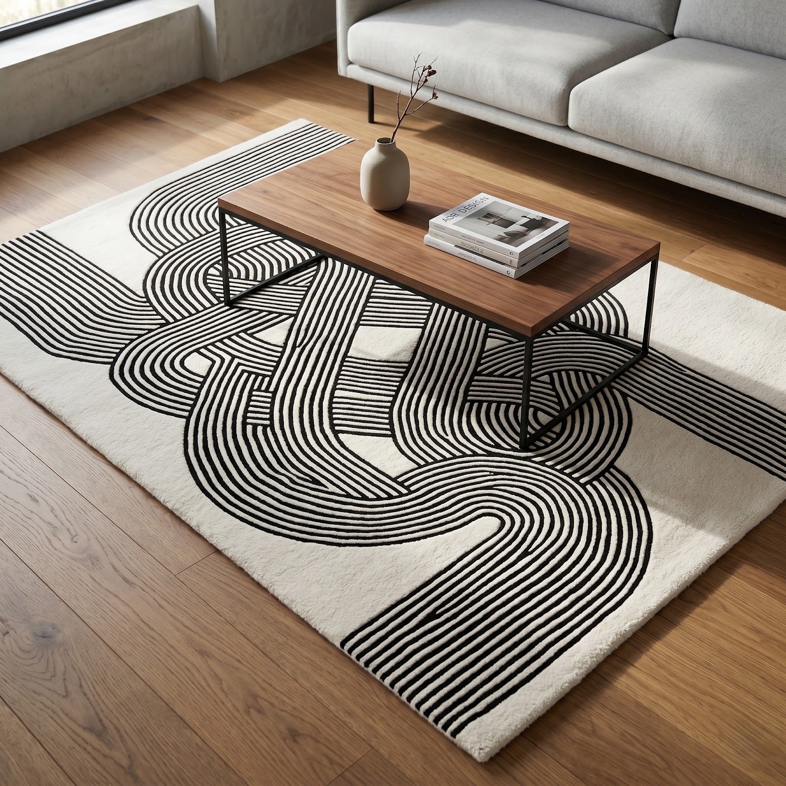 Modern Optical Illusion Hand Tufted Wool Rug | Black & Ivory Geometric Knot Pattern Area Rug — 2x3 ft'
