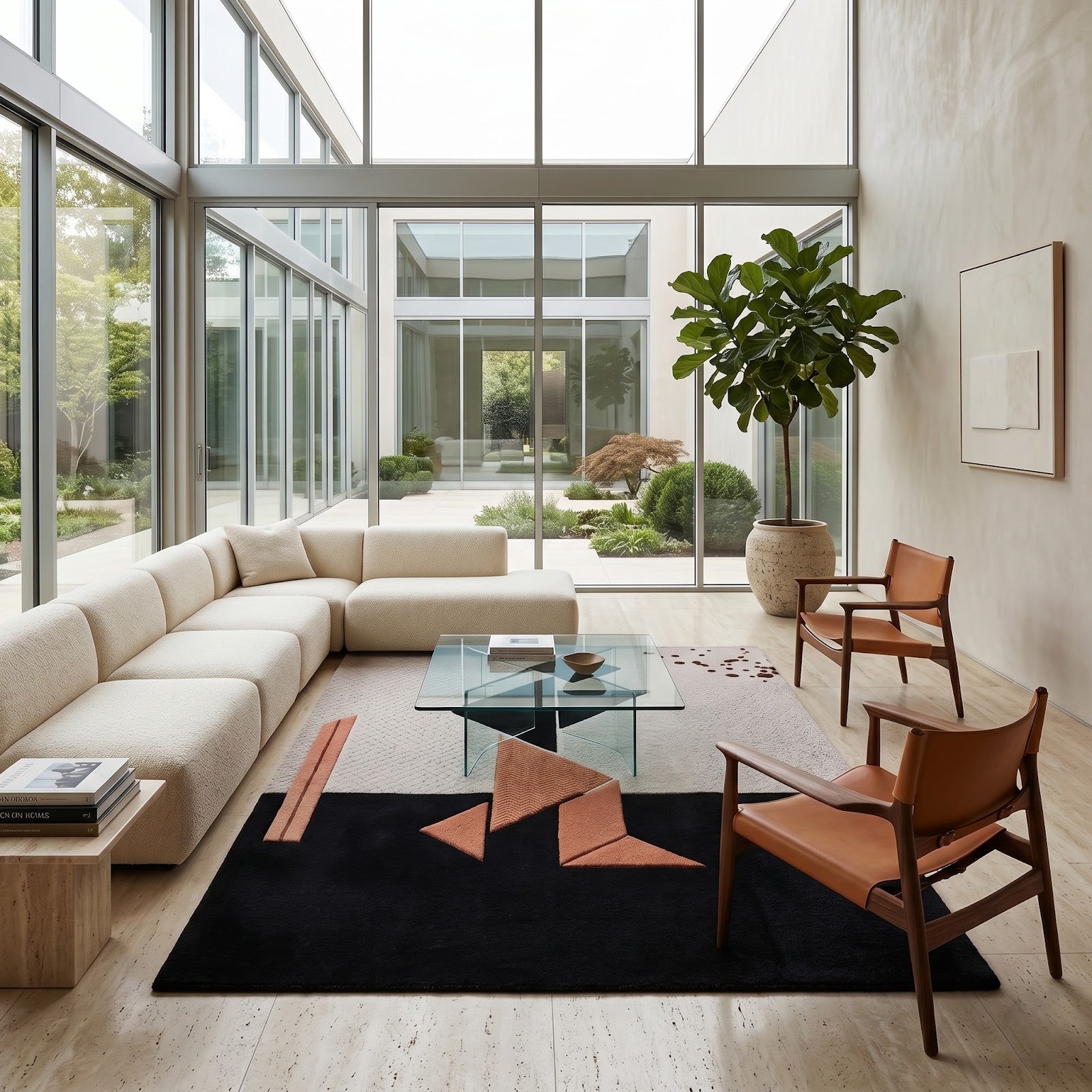 Abstract Geometric Hand Tufted Wool Rug | Modern Minimalist Art Area Rug in Black, Ivory & Terracotta — 2x3 ft'