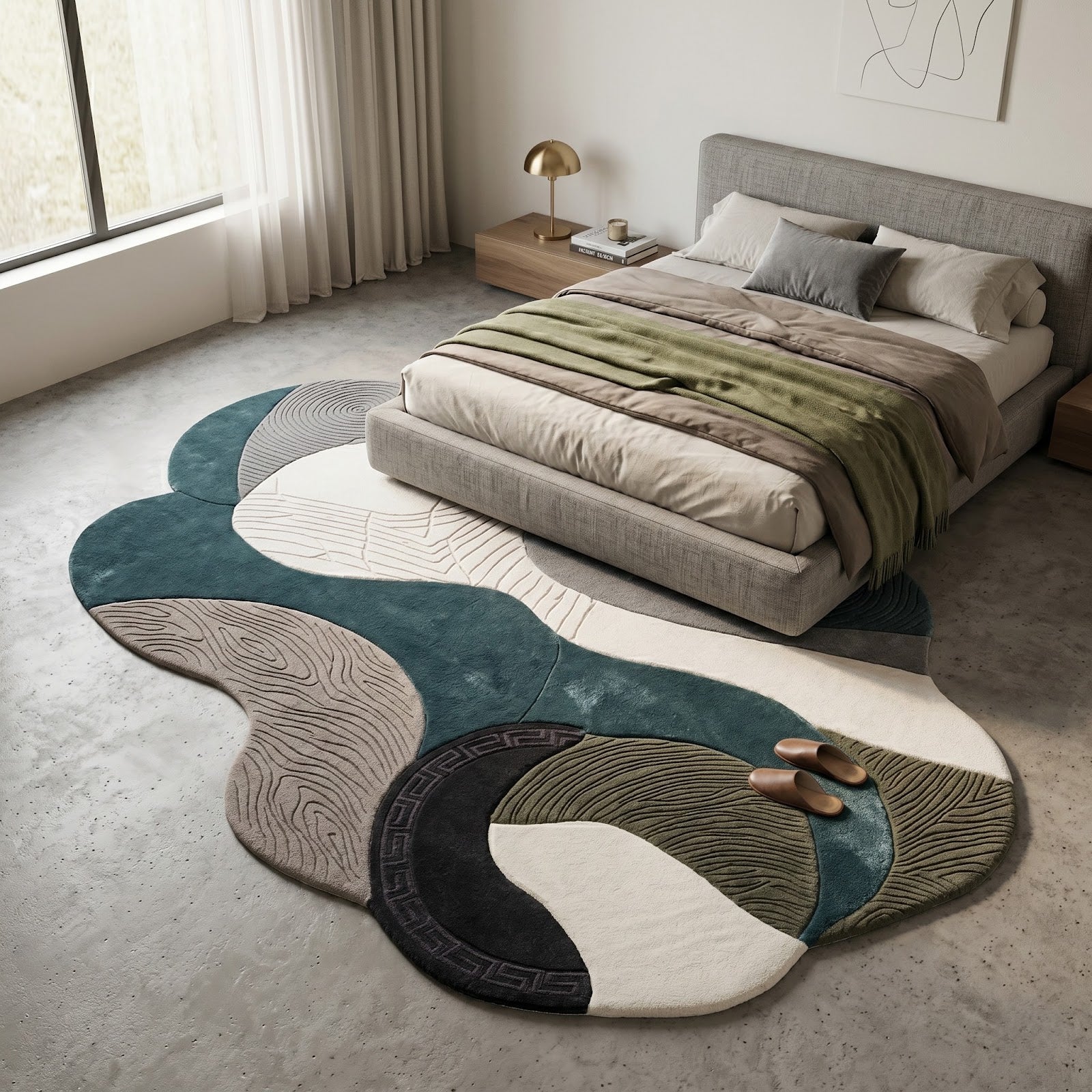 Irregular Abstract Hand Tufted Wool Rug | Organic Sculptural Area Rug in Teal, Grey & Ivory — 2x3 ft'