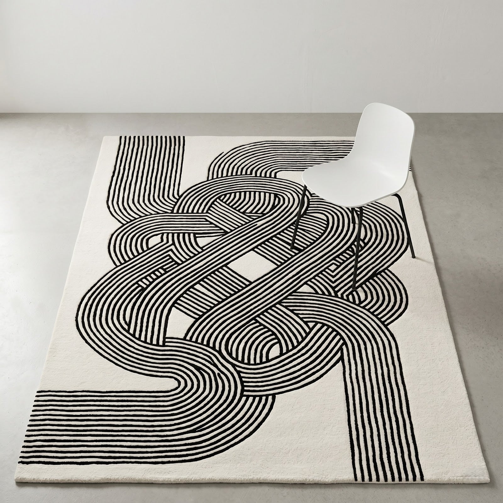 Modern Optical Illusion Hand Tufted Wool Rug | Black & Ivory Geometric Knot Pattern Area Rug — 2x3 ft'