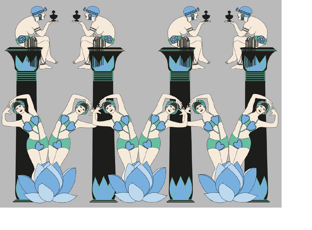 CUSTOM ART DECO EGYPTIAN REVIVAL LOTUS GIRLS MURAL Blue by Art Decor Designs image 3