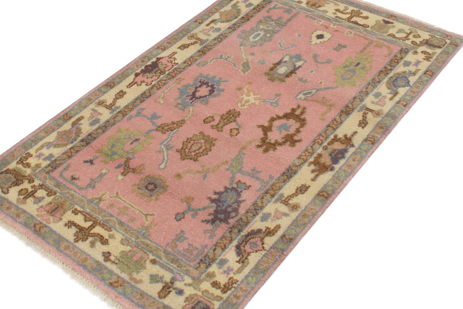 Vintage Oushak Hand Knotted New Zealand Wool Rug | Pink & Ivory Turkish Floral Area Rug — 2x3 ft'