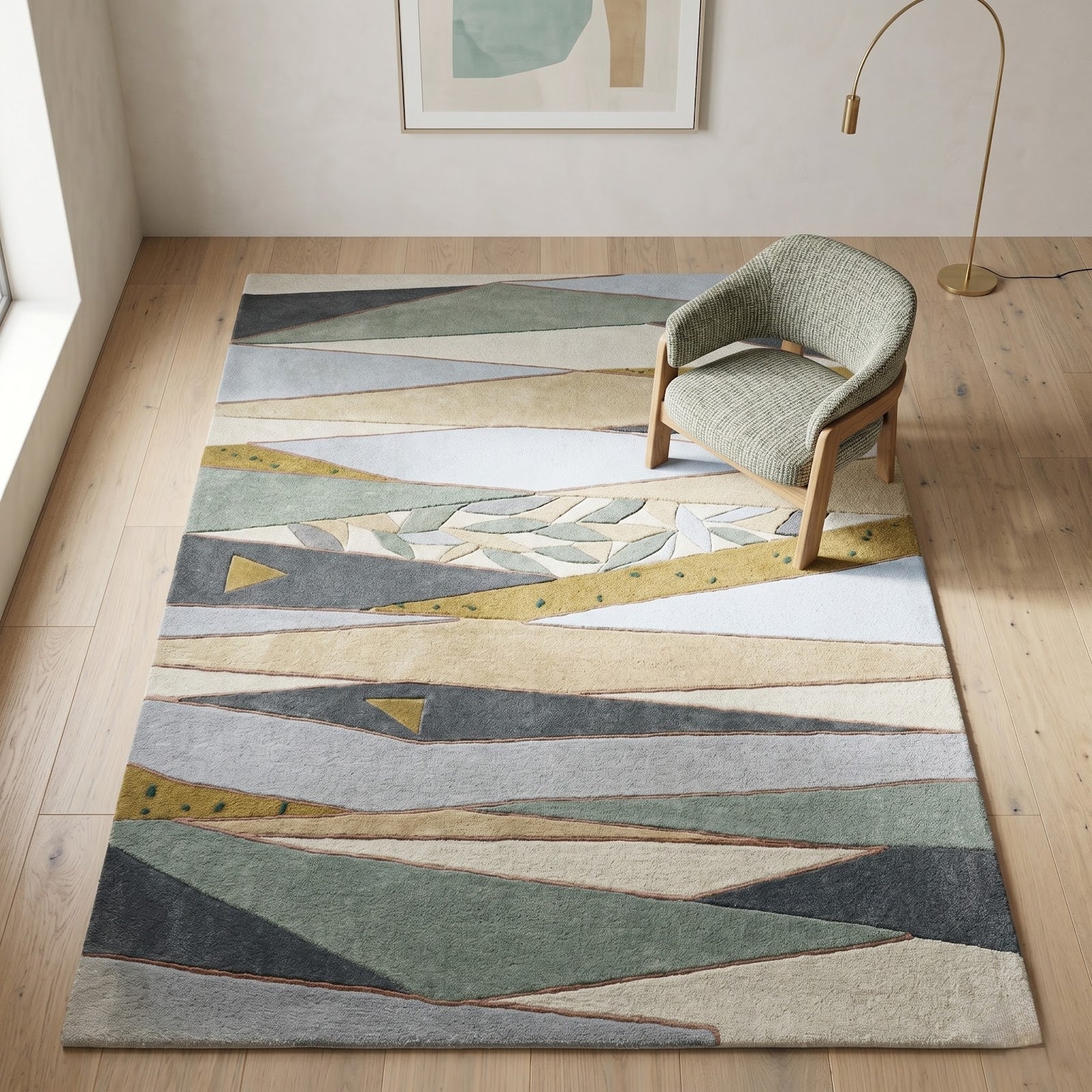 Modern Geometric Hand Tufted Wool Rug | Sage Green & Grey Abstract Contemporary Area Rug — 2x3 ft'
