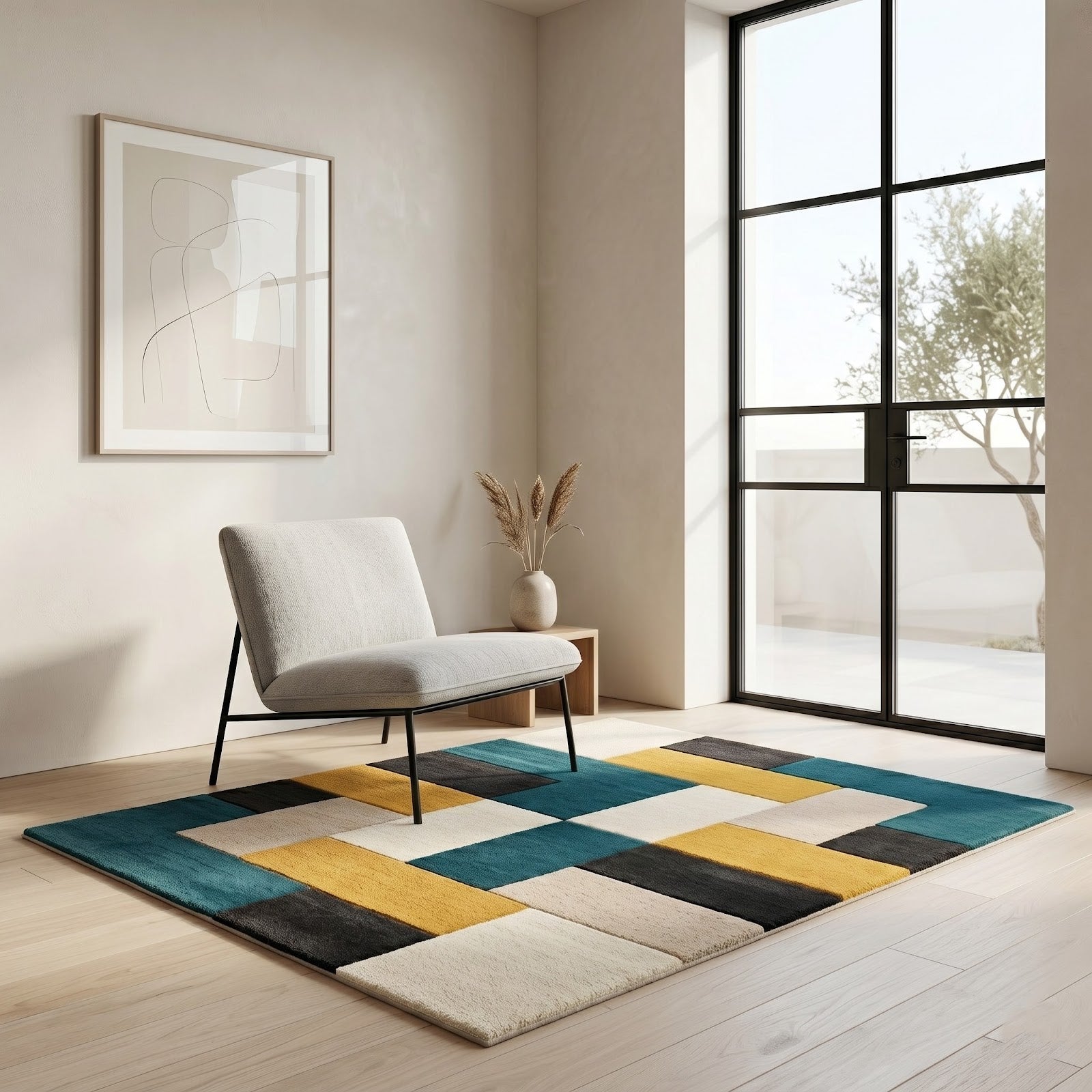 Modern Geometric Hand Tufted Wool Rug | Teal Mustard Abstract Area Rug — 2x3 ft'