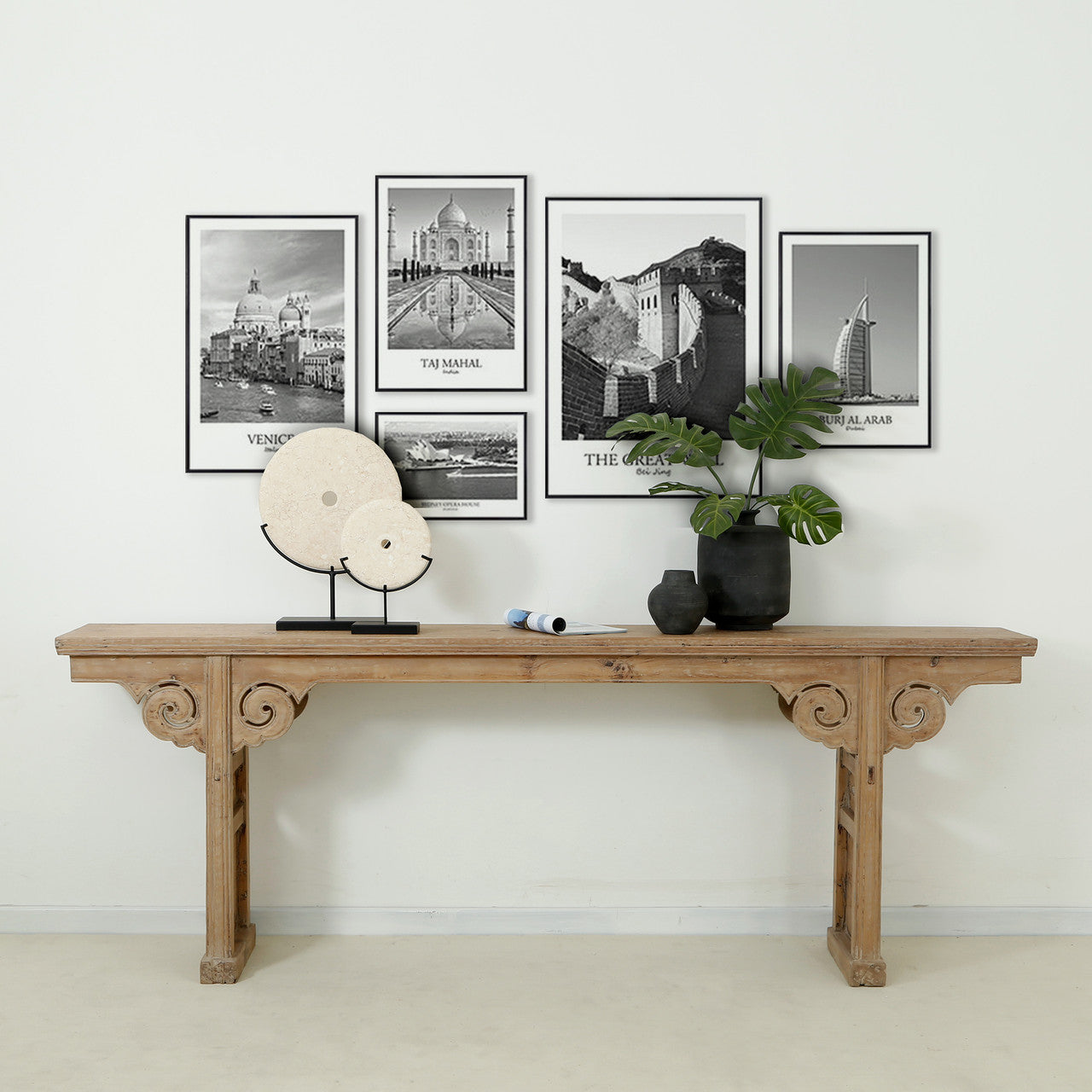 Antique console table with carving panel Weathered natural around 8ft long image