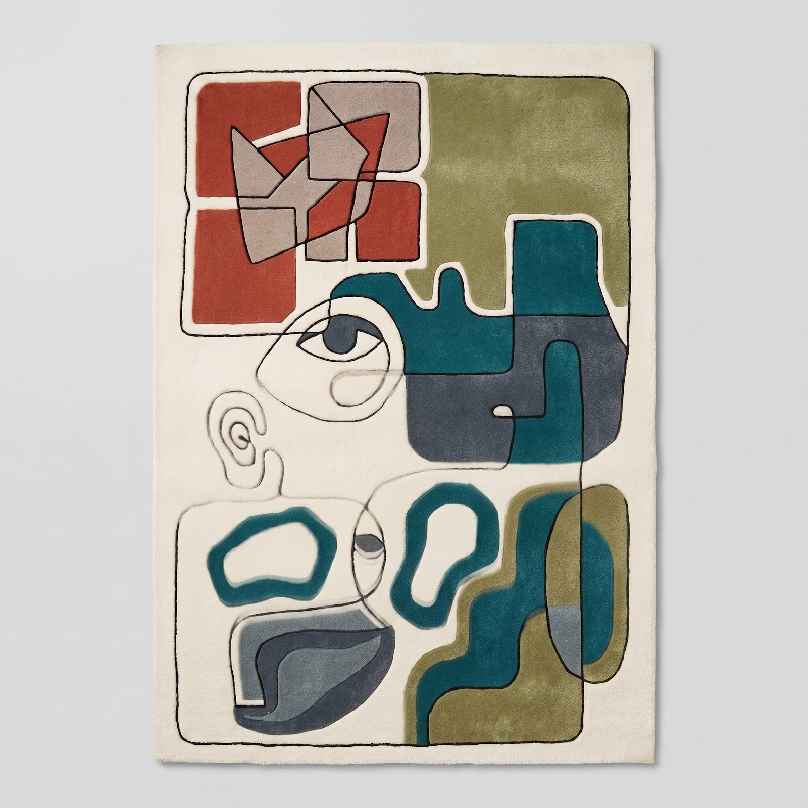 Abstract Face Line Art Hand Tufted Wool Rug | Modern Cubist Geometric Area Rug — 2x3 ft'