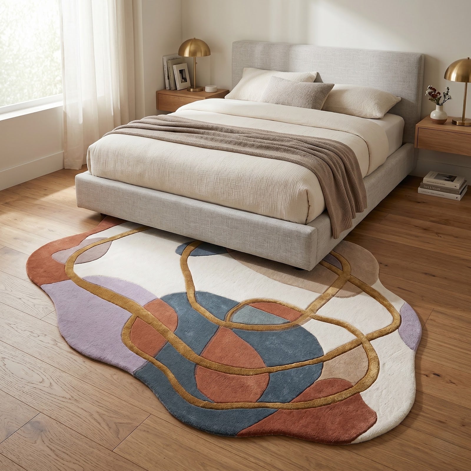 Irregular Abstract Hand Tufted Wool Rug | Modern Organic Shape Area Rug with Gold Line Art — 2x3 ft'