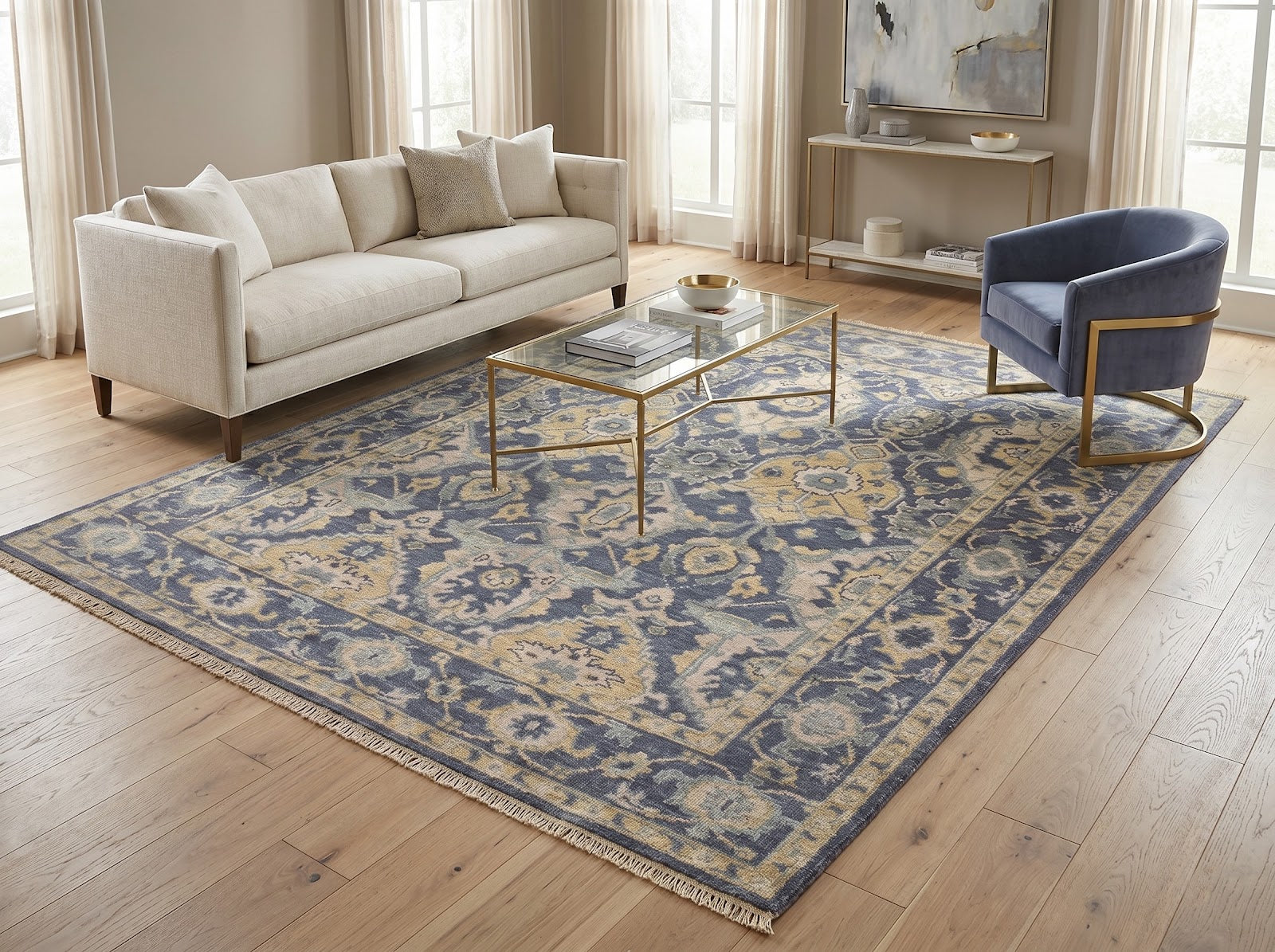 Vintage Persian Hand Knotted New Zealand Wool Rug | Navy Blue & Beige Floral Area Rug — 2x3 ft'