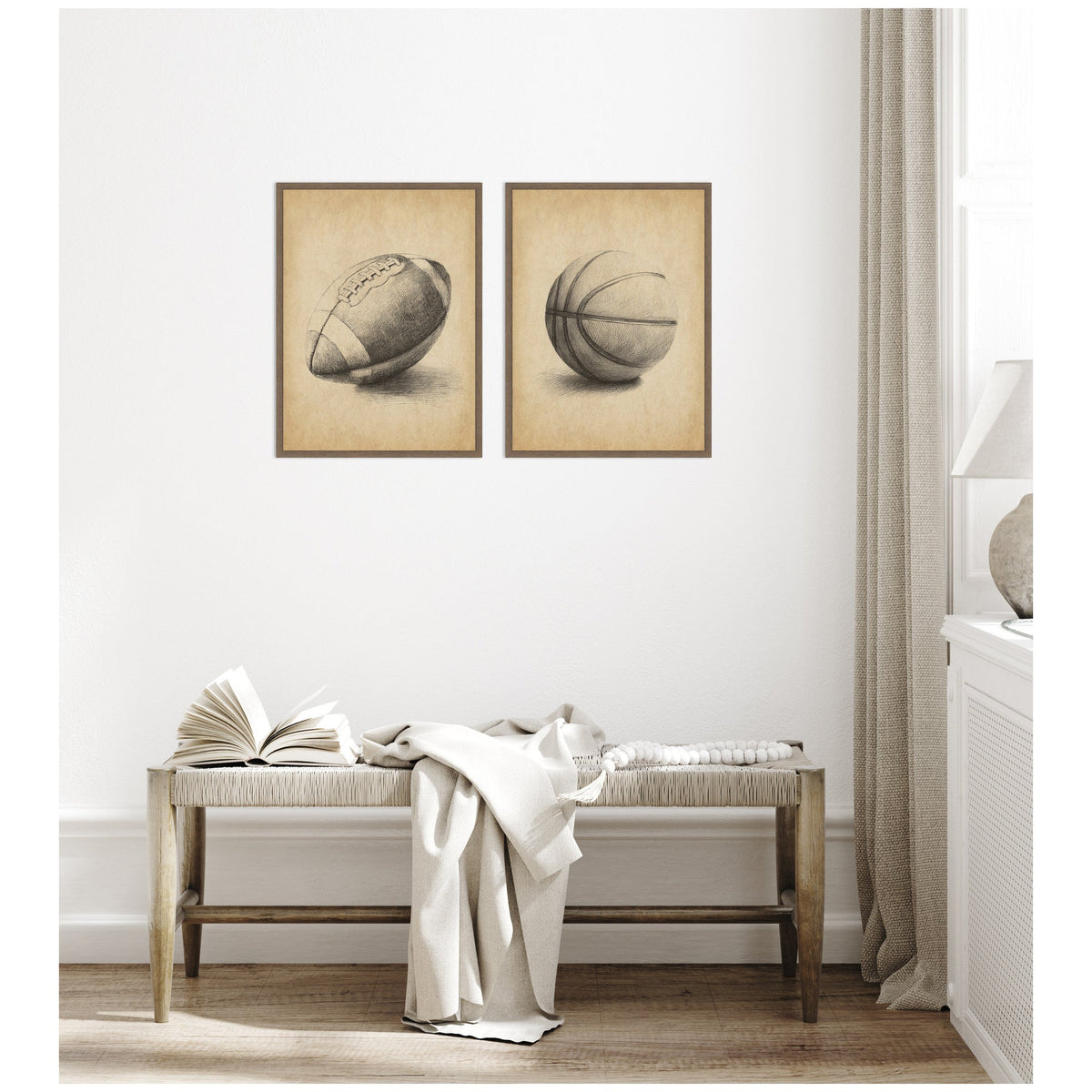 Vintage Football & Basketball 2 Piece Framed Canvas Wall Art Set by The Creative Bunch Studio