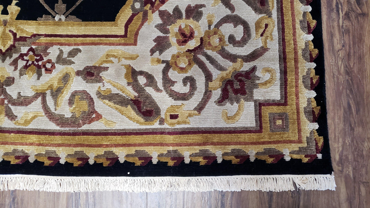 6x9 Nepalese Rug, Aubusson Savonnerie Area Rug 6 x 9 with Soft Pile, Hand-Knotted Wool Black & Beige Tibetan New Carpet European Design - Jewel Rugs, view 10
