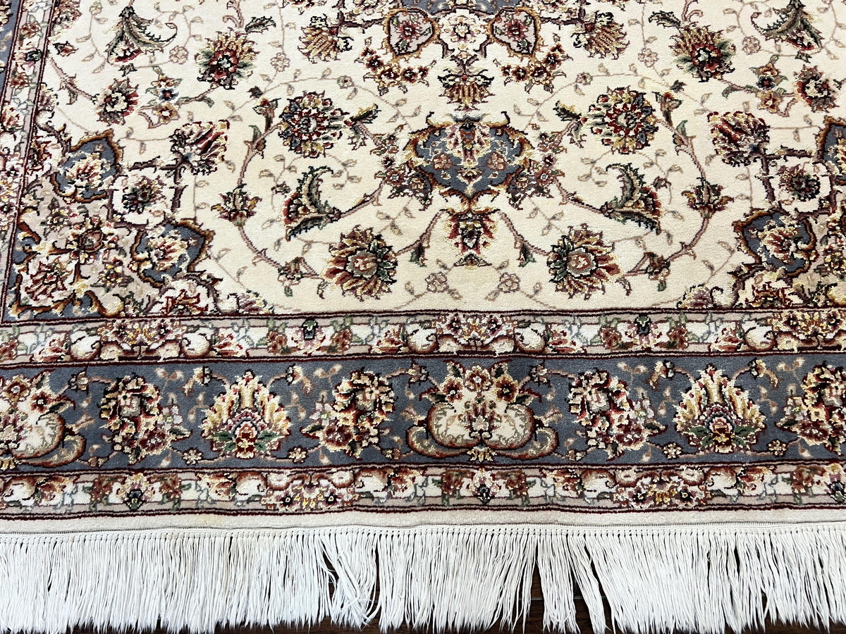 Sino Persian Square Rug 5x5, Very Fine Oriental Carpet, Wool & Silk Highlights, Ivory, Hand Knotted Handmade Vintage Traditional Rug - Jewel Rugs, view 6