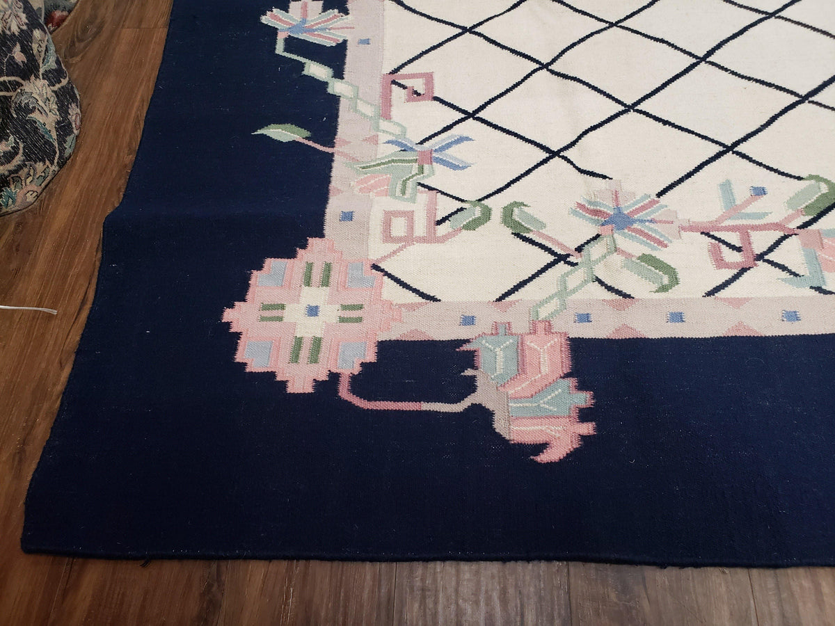 Vintage Dhurrie Rug, Indian Dhurrie 8x11 - 9x11, Wool Hand-Woven Ivory & Black Indo Carpet, Large Flat Weave Rug Living Room Rug Black White - Jewel Rugs, view 9