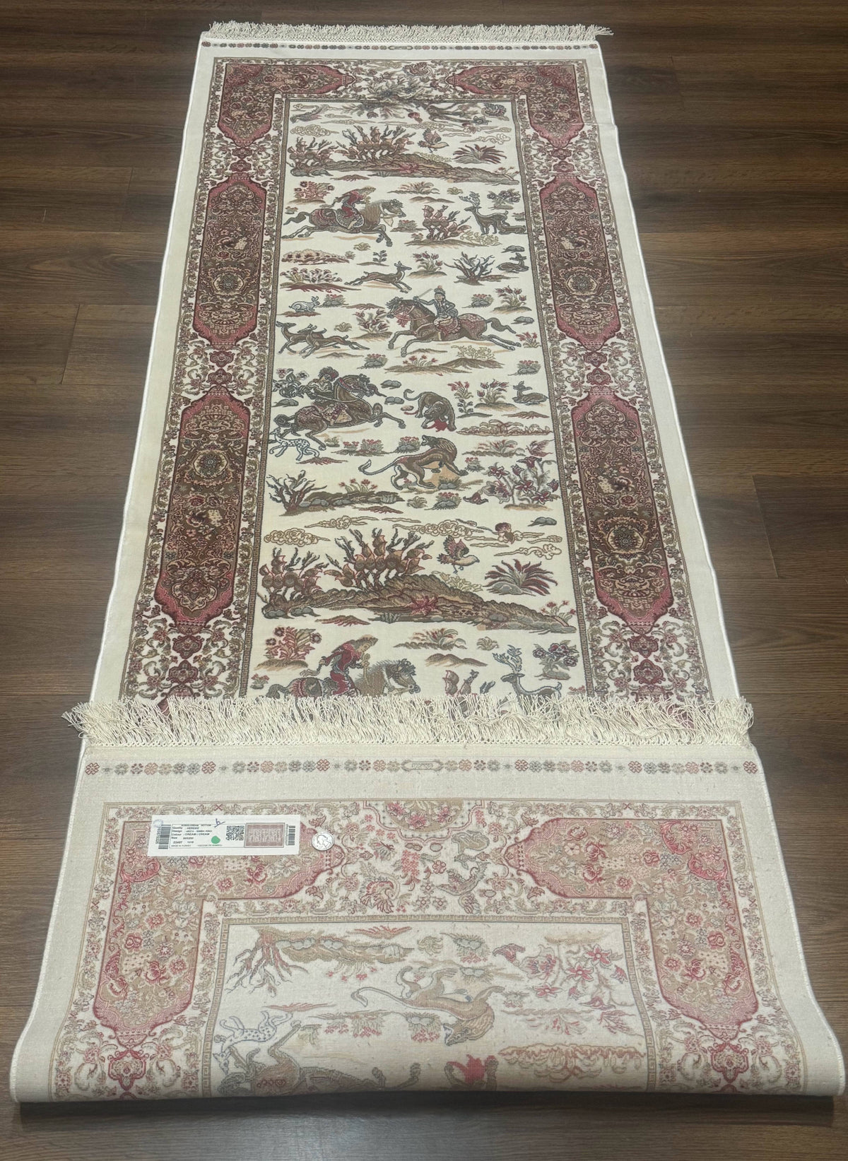 Turkish Silk Runner Rug 2.6 x 8, Hunting Design, Ivory, Bamboo Silk, New - Jewel Rugs, view 12