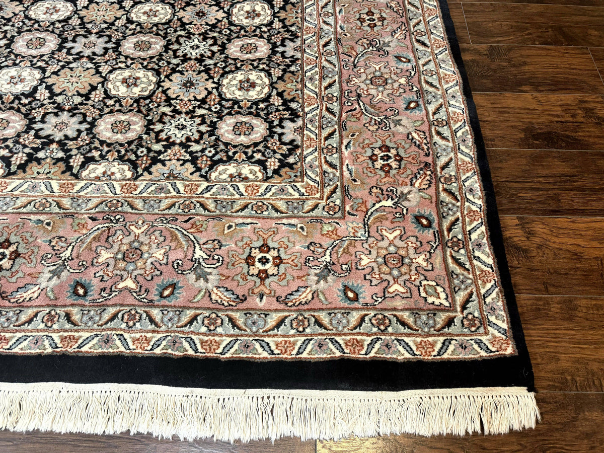 Indo Persian Rug 9x12, Vintage Handmade Wool Carpet, Repeated Allover Motif, Navy Blue and Pink - Jewel Rugs, view 10