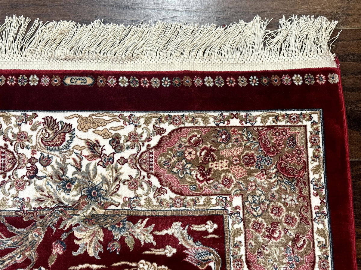 Dark Red Turkish Silk Rug 2.6 x 4, Hunting Design Scene, Bamboo Silk - Jewel Rugs, view 8