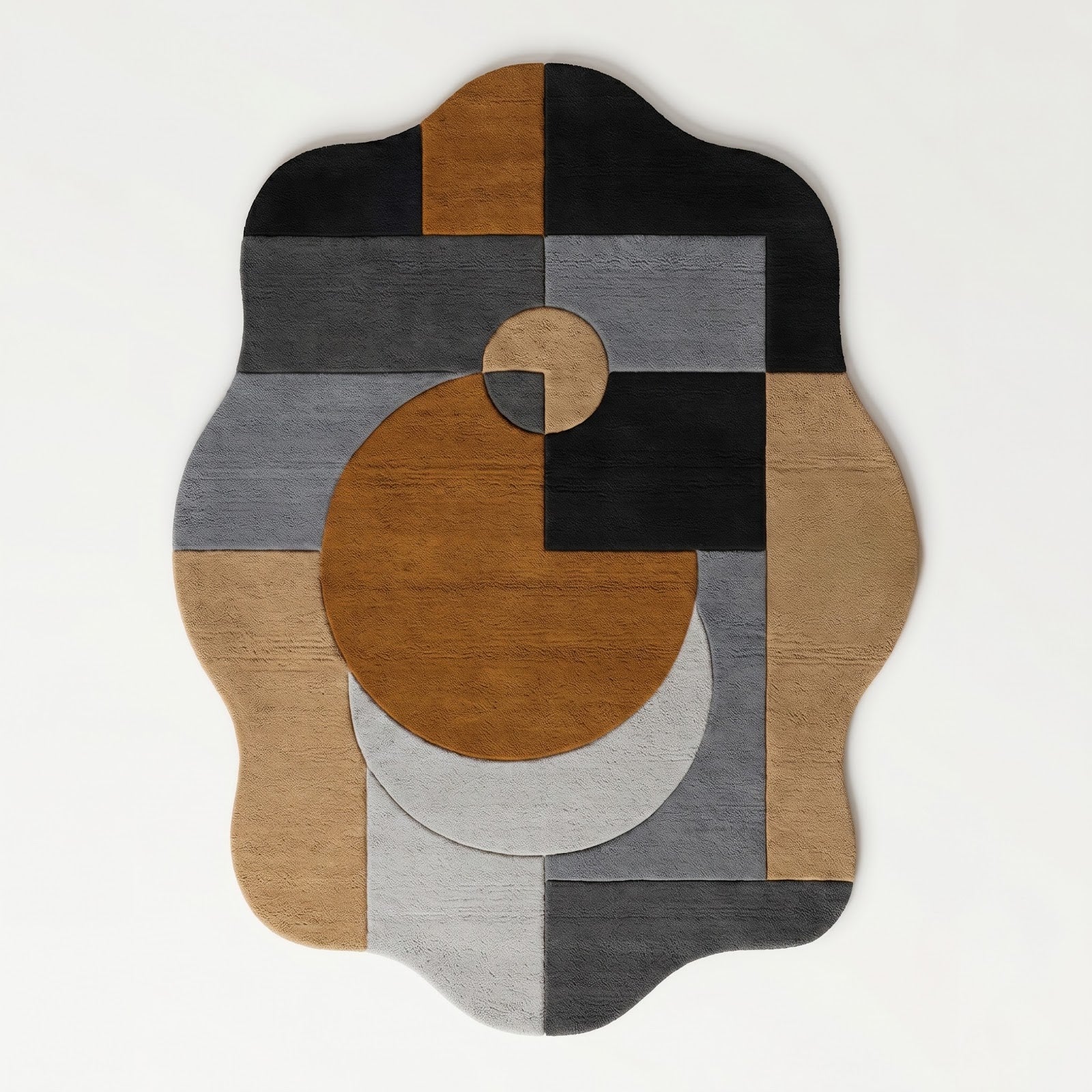 Irregular Geometric Hand Tufted Wool Rug | Modern Abstract Area Rug in Camel, Black, Grey & Ivory — 2x3 ft'