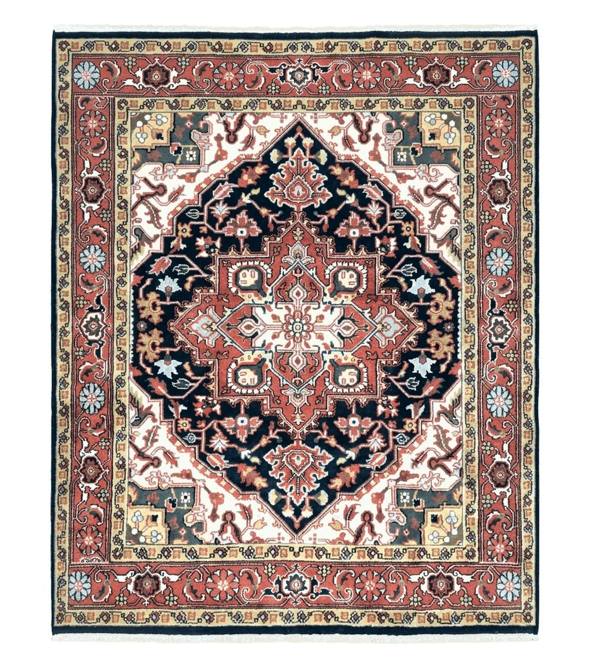 Vintage Indo Heriz Area Rug 8x10, Indo Persian Carpet 8 x 10, Red Dark Blue & Beige/Cream Indian Rug, Decorative Pattern, Wool, Hand-Knotted - Jewel Rugs