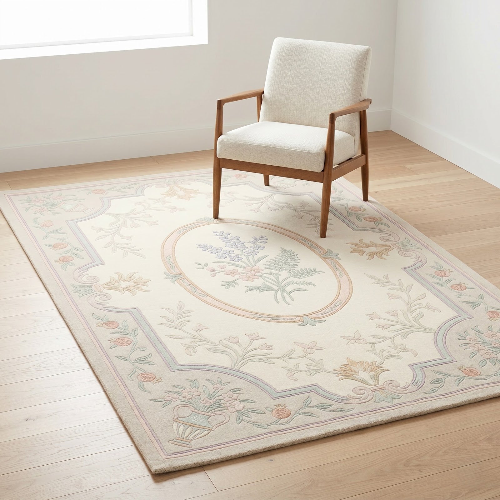 French Provincial Floral Hand Tufted Wool Rug | Pastel Botanical Medallion Area Rug — 2x3 ft'
