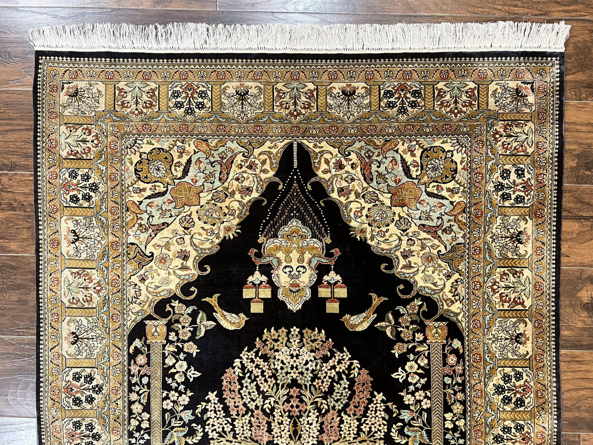 Wonderful Sino Persian Silk Rug 4x6, Tree of LIfe Design, Masterpiece 575 KPSI, Birds, Prayer Rug, Black, Silk on Silk - Jewel Rugs, view 2