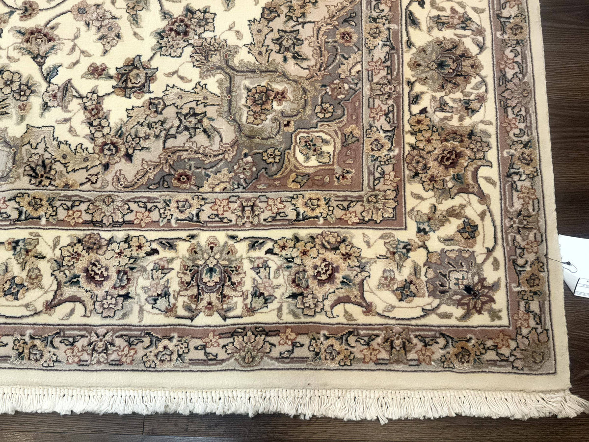 Sino Persian Rug 6x9, Floral Medallion, Ivory & Taupe, Wool with Silk Highlights, Fine 210 KPSI - Jewel Rugs, view 9