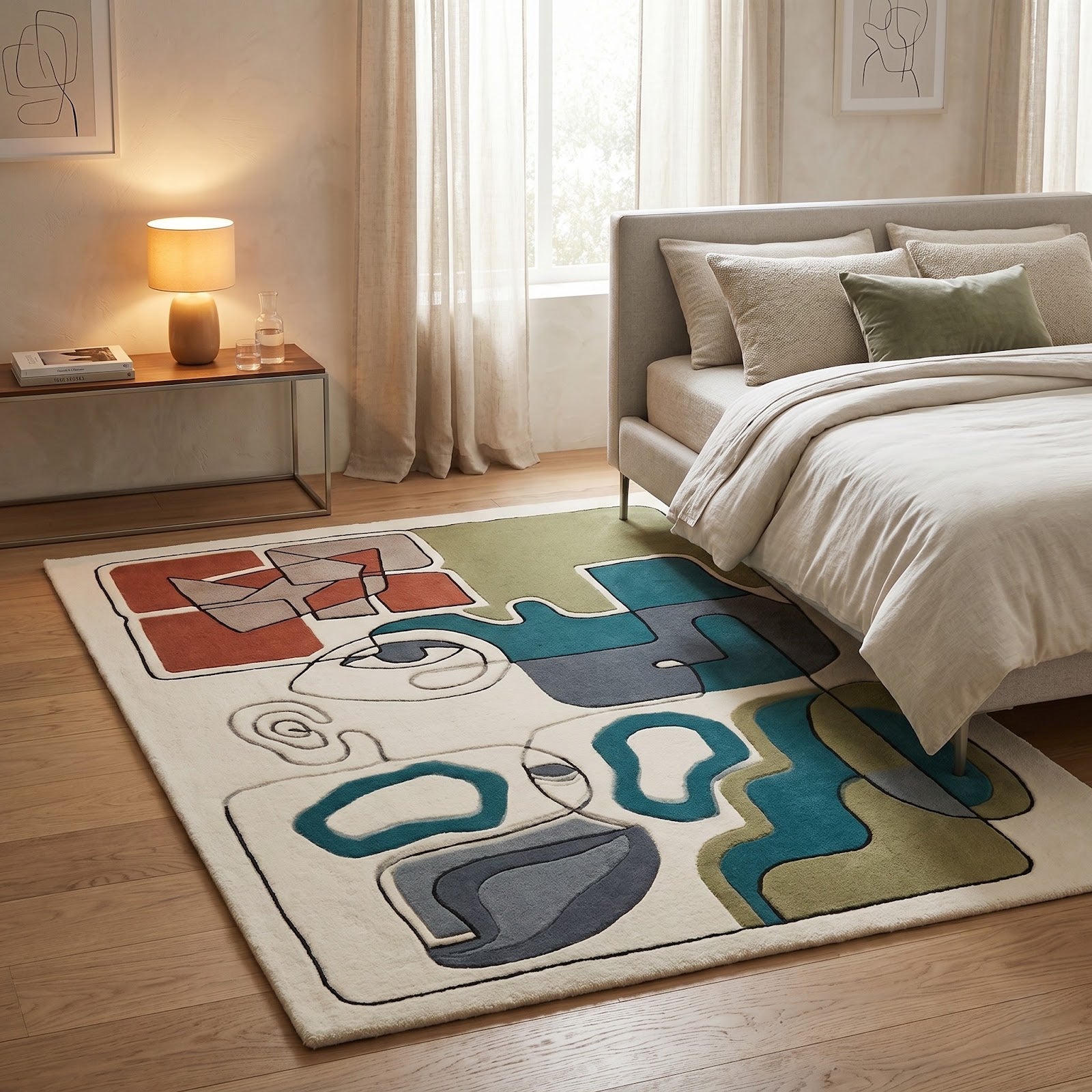 Abstract Face Line Art Hand Tufted Wool Rug | Modern Cubist Geometric Area Rug — 2x3 ft'