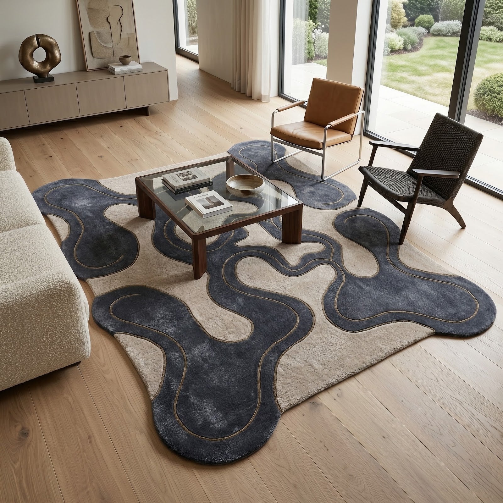 Organic Flow Hand Tufted Wool Rug | Slate Blue & Ivory Biomorphic Irregular Area Rug — 2x3 ft'