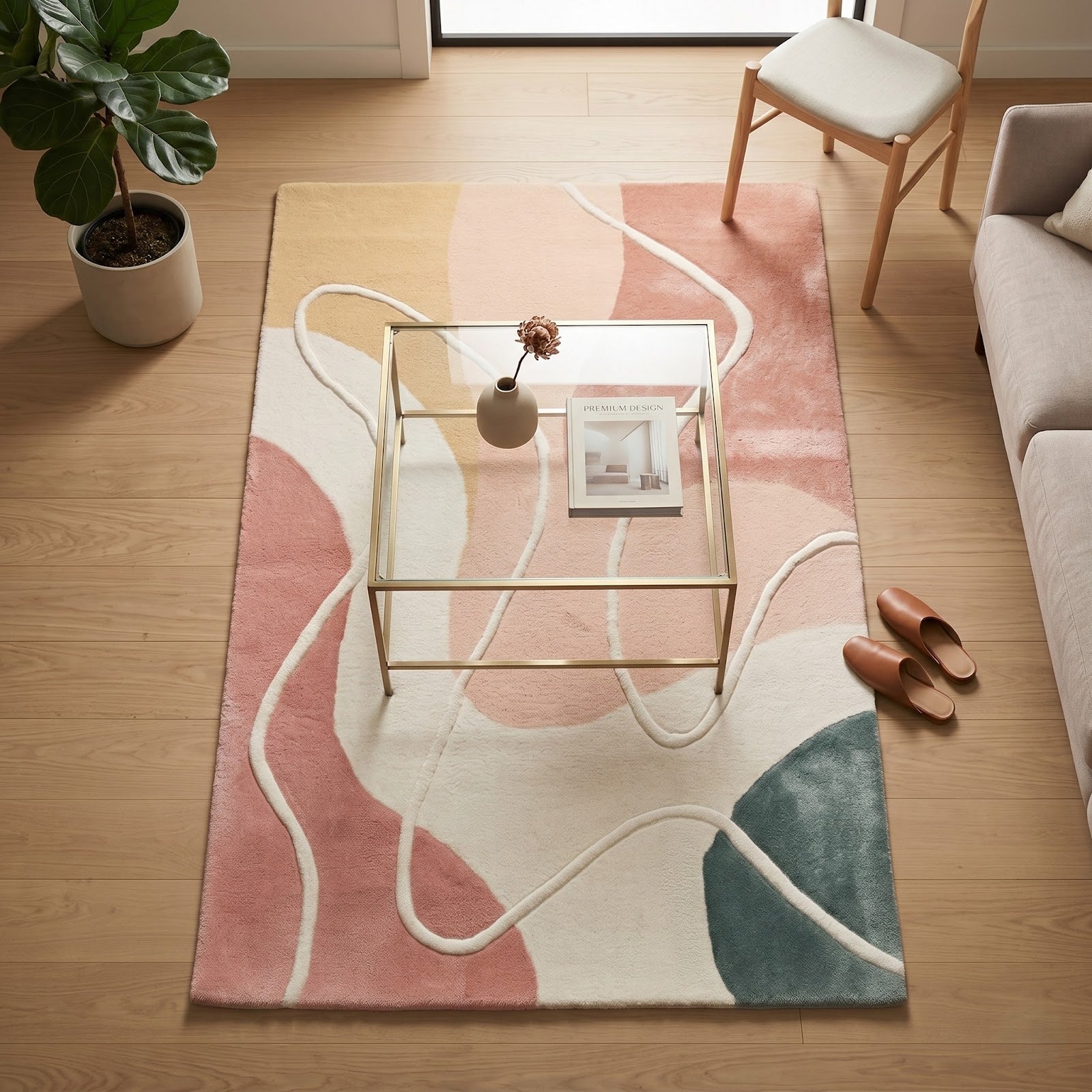Modern Abstract Hand Tufted Wool Rug | Blush Pink Organic Line Art Area Rug — 2x3 ft'