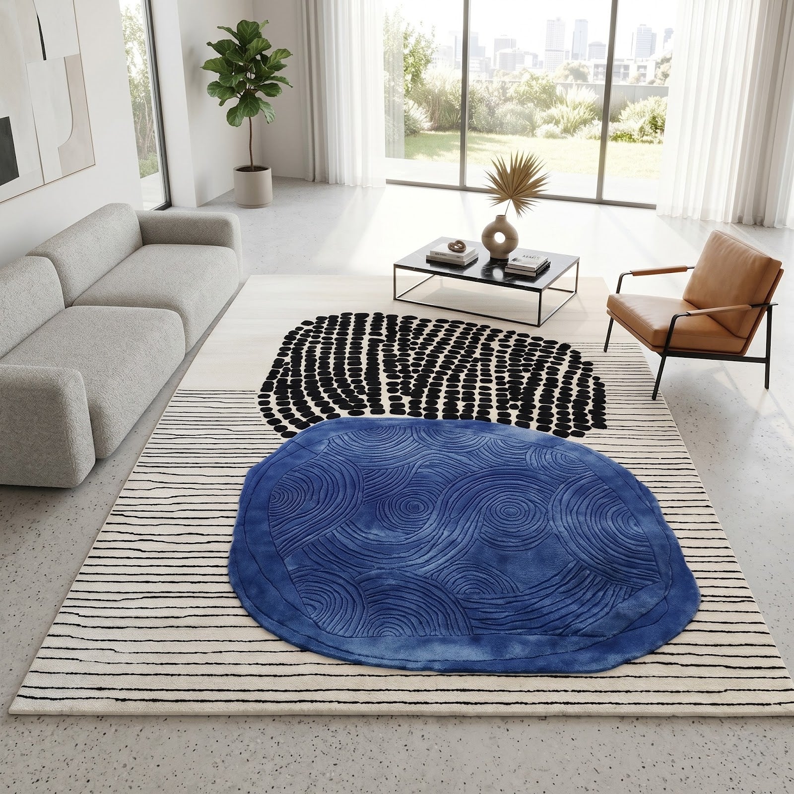 Abstract Modern Hand Tufted Wool & Viscose Rug | Ivory, Cobalt Blue & Black Artistic Statement Area Rug — 2x3 ft'