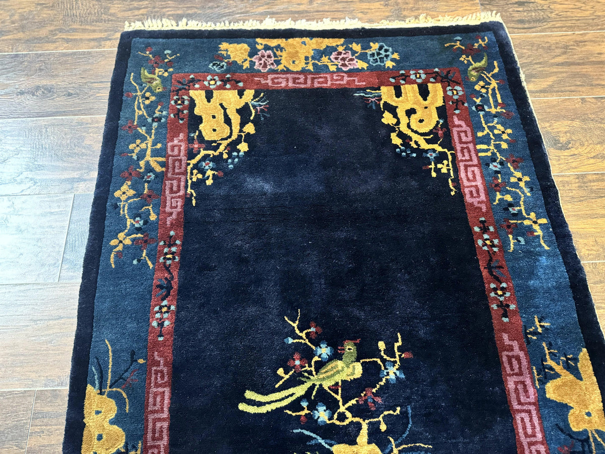 Antique Chinese Peking Rug 3x6, Dark Blue, Bird Motif, Handmade Wool Art Deco Asian Oriental Carpet, Pair B - Jewel Rugs, view 4