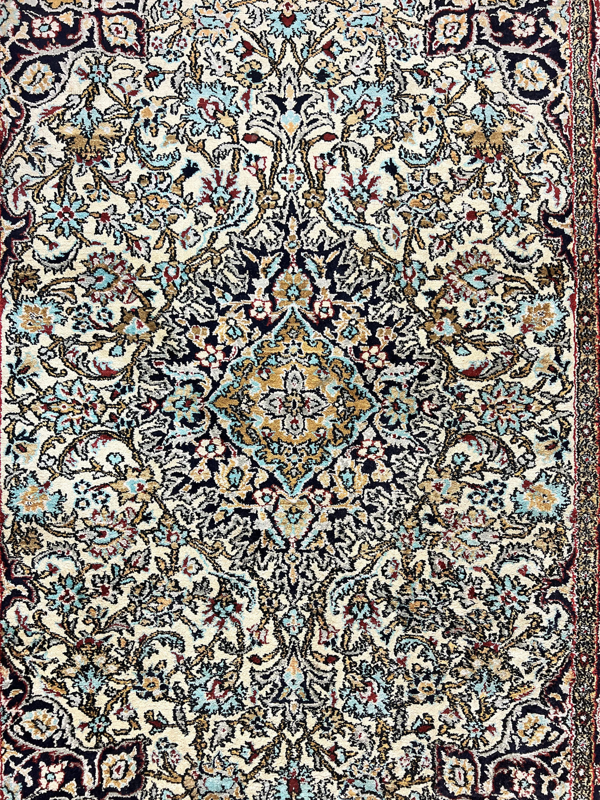 Silk Persian Qum Rug 4x5, Hand Knotted Vintage Carpet, Cream & Navy Blue, Silk Pile on Silk Foundation, Very Fine 360 KPSI - Jewel Rugs, view 4