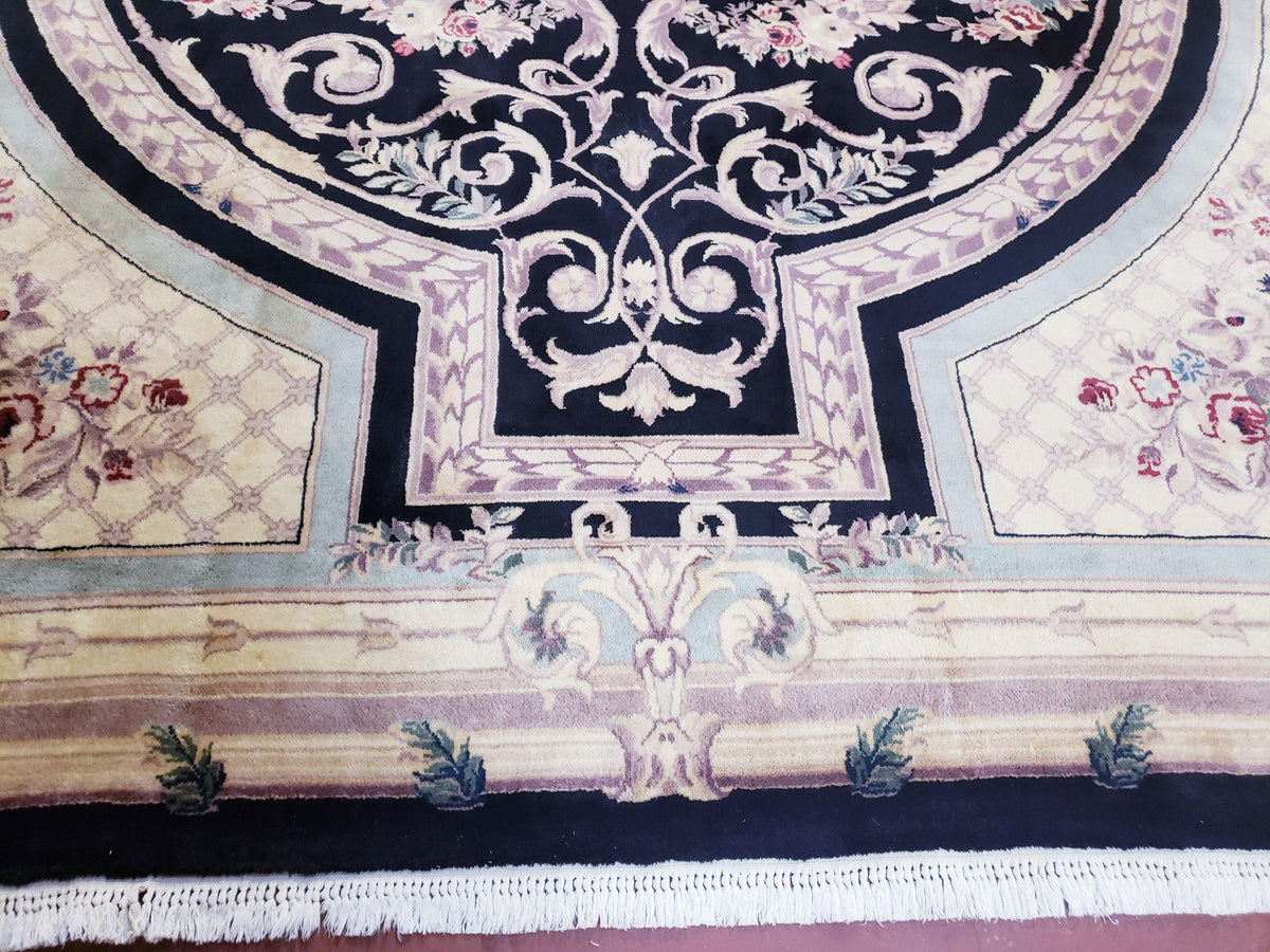 8x10 Aubusson Rug, Fine Hand Knotted Wool Carpet, French European Design, Black & Ivory - Jewel Rugs, view 9