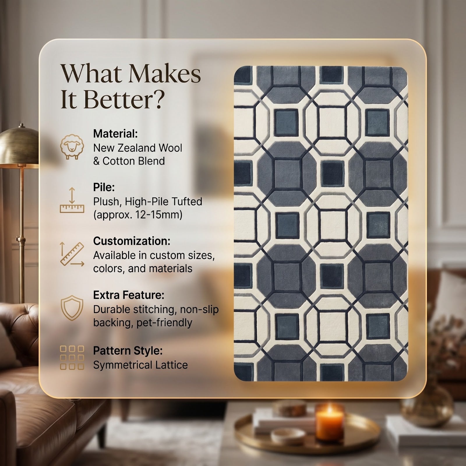 Geometric Lattice Hand Tufted Wool Rug | Blue, Grey & Ivory Contemporary Area Rug — 2x3 ft'