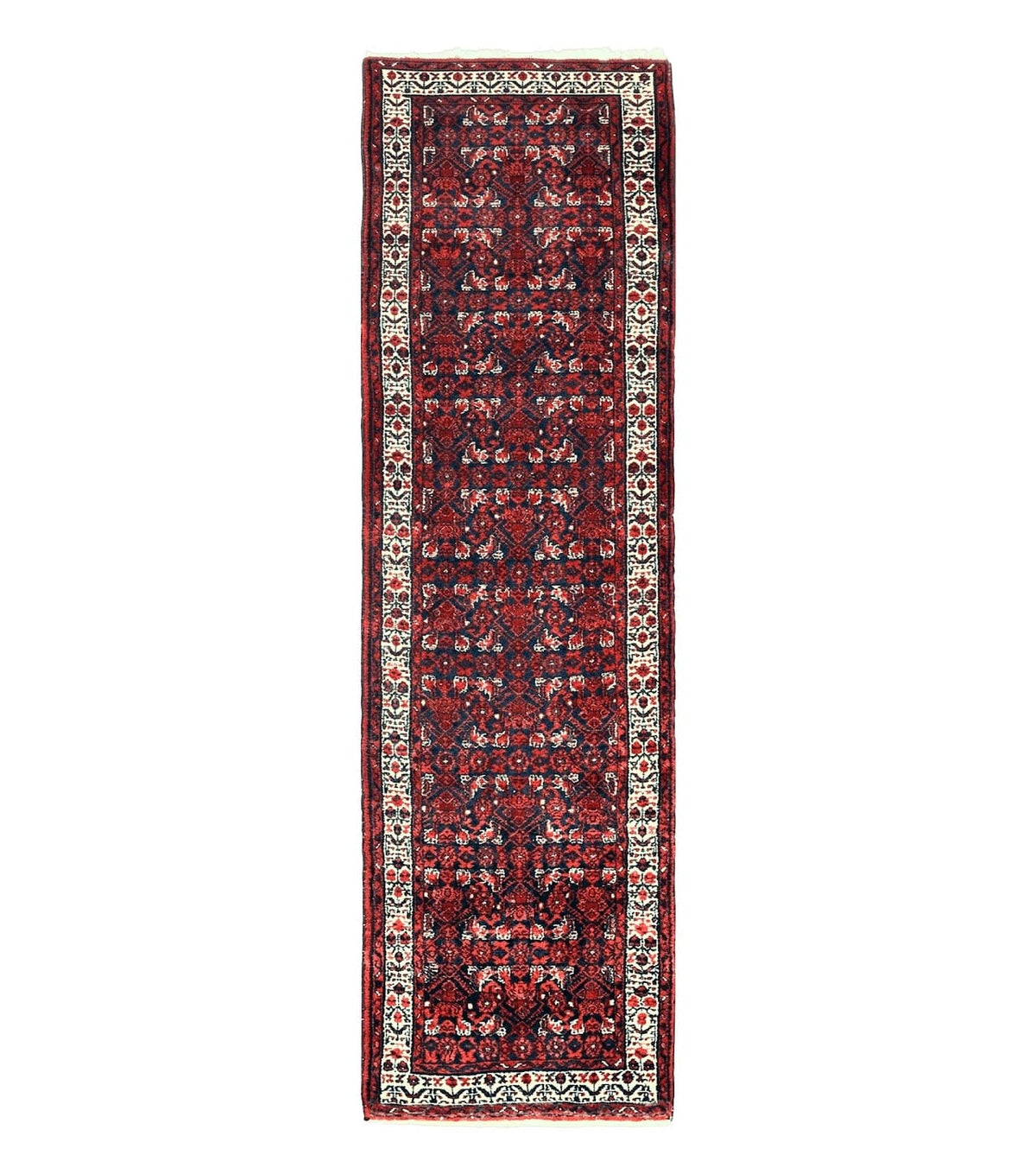 Persian Tribal Runner 3 x 9, Hamadan Dargazin Rug, Dark Blue and Red Wool Hand Knotted Hallway Rug, Vintage Antique Oriental Runner, 9ft Long Runner, Herati - Jewel Rugs