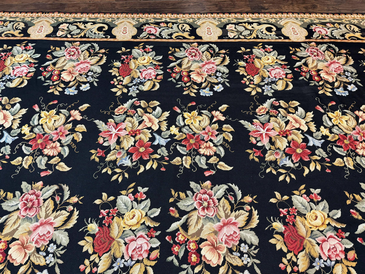 Palace Size Needlepoint Rug 12x16, Black and Colorful, Floral Panel, Handmade Oversized Wool Needlepoint Carpet, Rare - Jewel Rugs, view 4